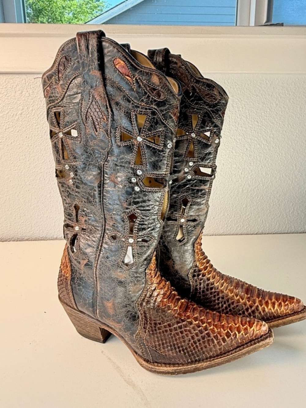 Corral Vintage Genuine Python Cutout Crystal Cowboy Boots Brown Western Size 6